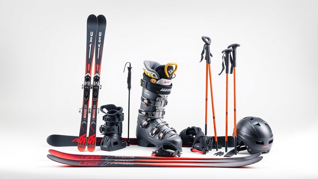 알파인 스키 경기에 사용되는 스키 판, 폴, 헬멧 등 전체 장비 구성