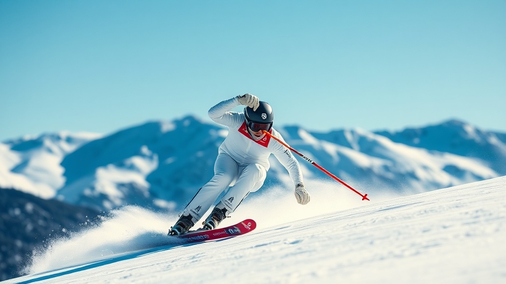 알파인 스키 경기에서 선수가 빨간색과 파란색 게이트 사이를 고속으로 통과하는 장면